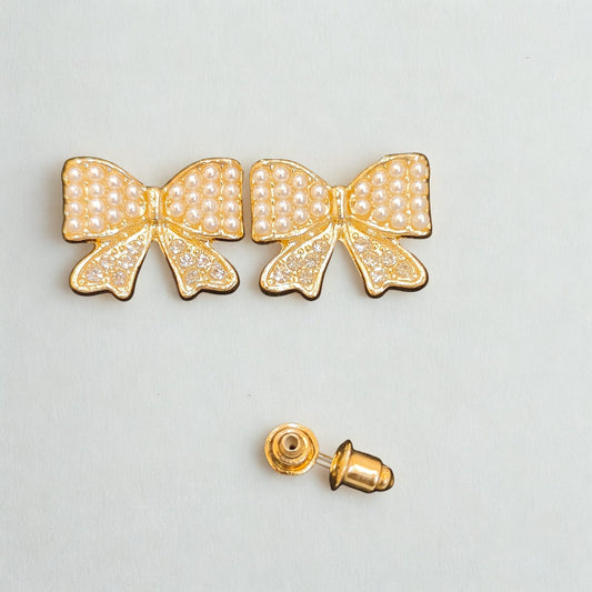 Elegant Pearl Bow Stud Earrings – Gold Plated Cute Earrings for Women & Girls