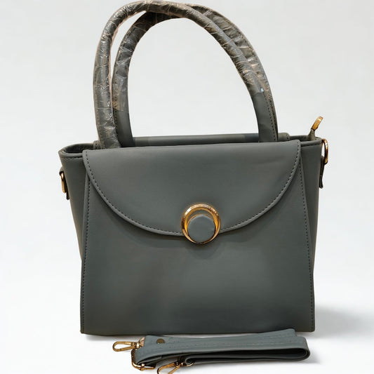 ELEGANT GREY FAUX LEATHER  HANDBAG WITH GOLD  ACCENT